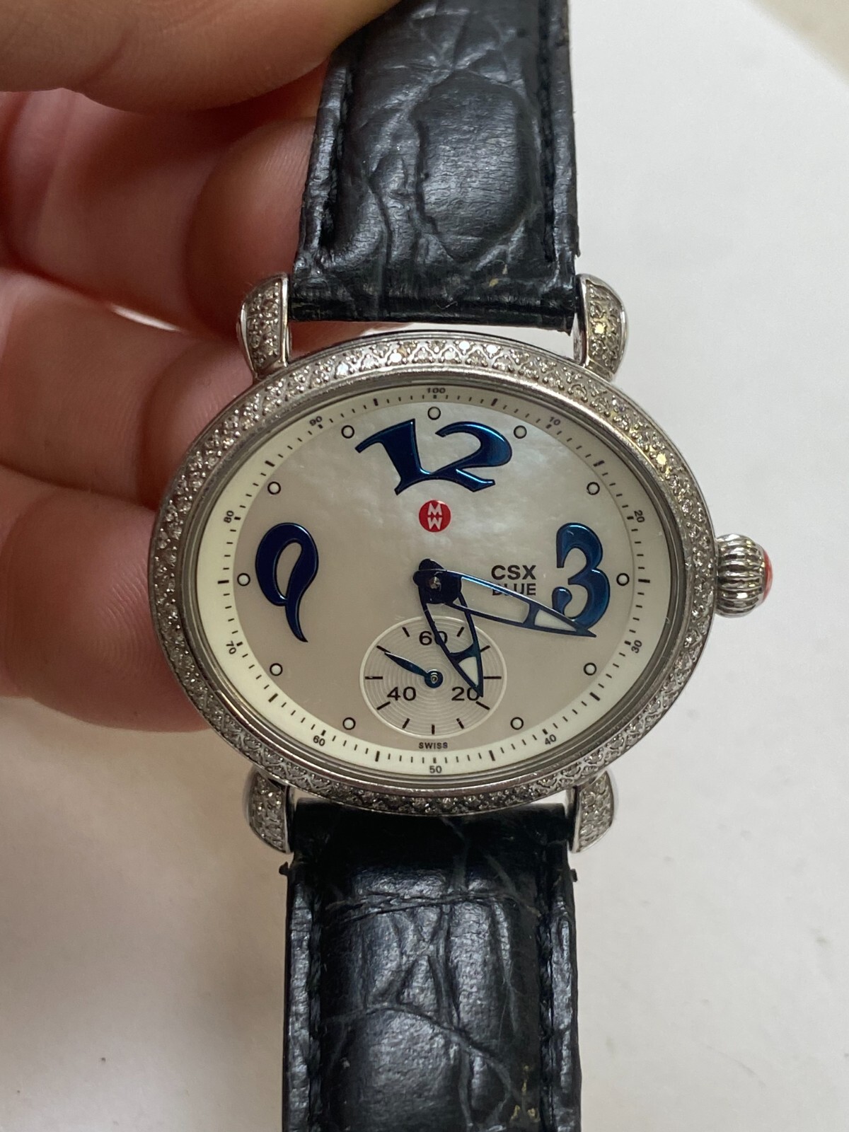 Michele CSX Blue MOP Dial Diamond Bezel 35mm Quartz Watch MW03E01 NEW BATTERY!