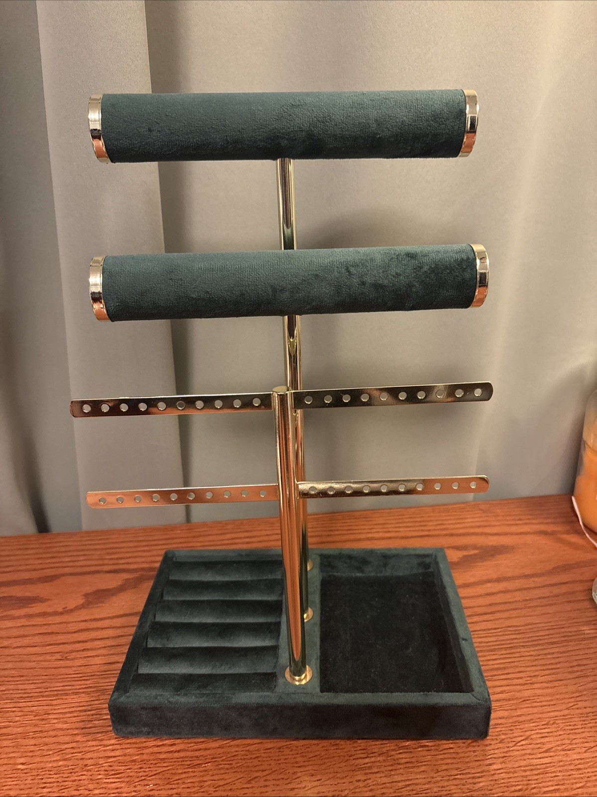 Vintage Jewelry Holder Tree Stand | Gold and Green Velvet