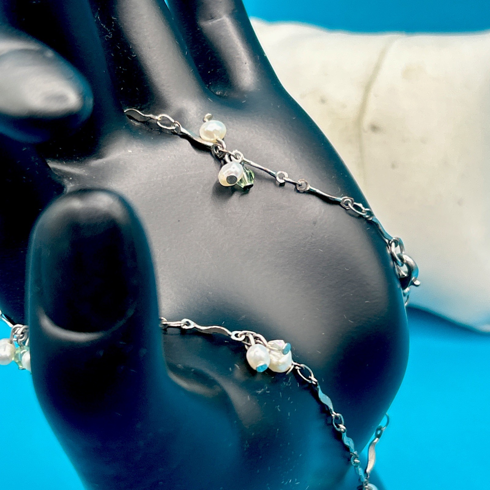 Vintage Silvertone Fresh WaterPearl Dangle Anklet Wave Chain 9.5 Inches
