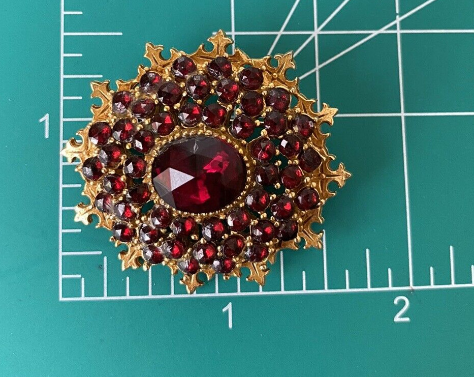 Vintage ART Arthur Pepper Bohemian Faux Garnet Gold Tone Brooch Signed
