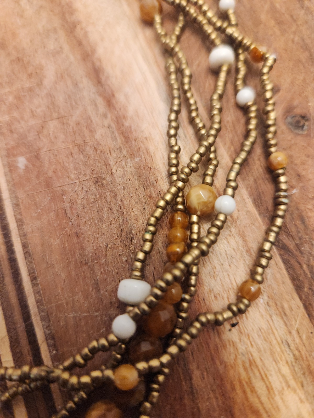 Multi-Strand Gold-Tone Beaded Necklace Brown White Adjustable Lobster Boho