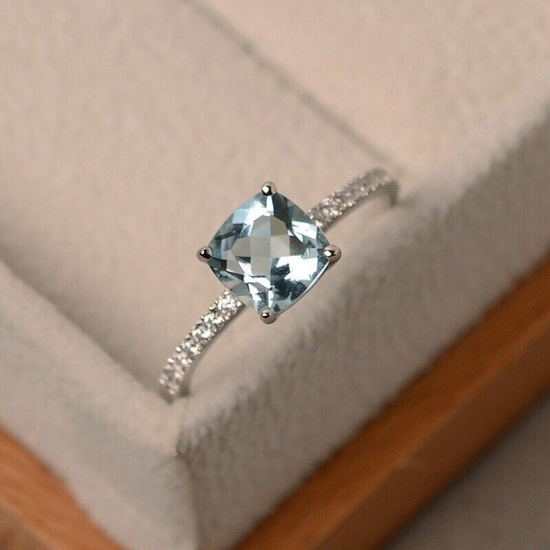 Silver Plated 2Ct Simulated Aquamarine Beautiful Dainty Ring Wife Valentine Gift