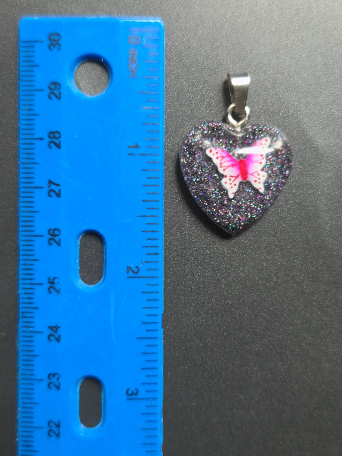 OOAK Handmade Butterfly Heart Resin Pendant Necklace Pink Glitter N109