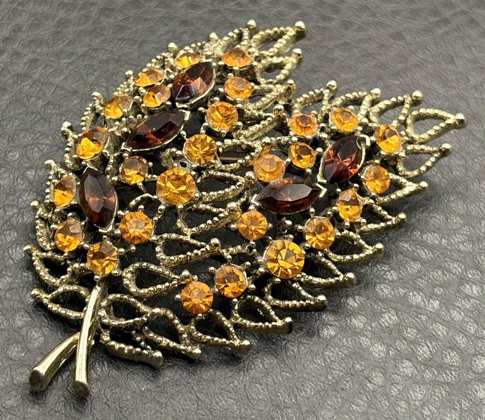 HUGE Vintage Leaf Filigree Faux Topaz Faux Citrine Rhinestone Crystal Brooch Pin