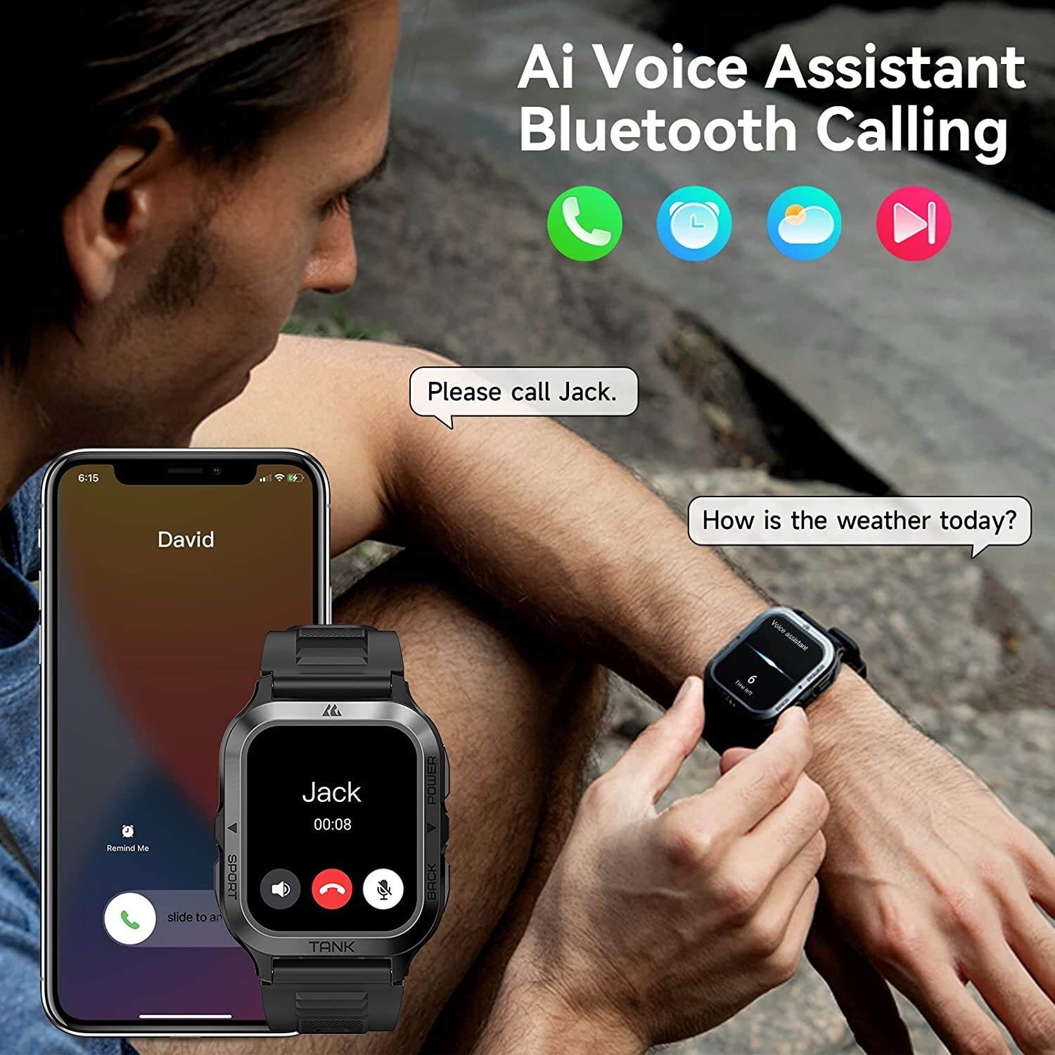 Smart Watch, 60 Days Battery, 50M Waterproof, Rugged Military ,Fitness Tracker