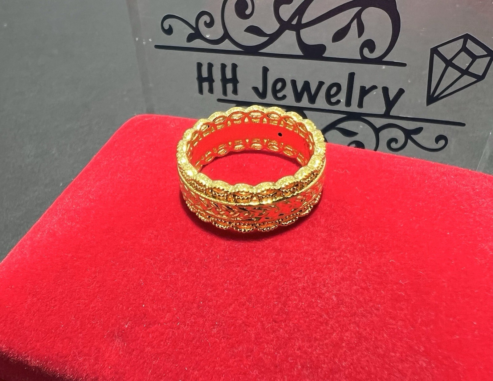 24K Yellow Gold Hollow Wide Diamond Cut Infinity Eternity Ring Band