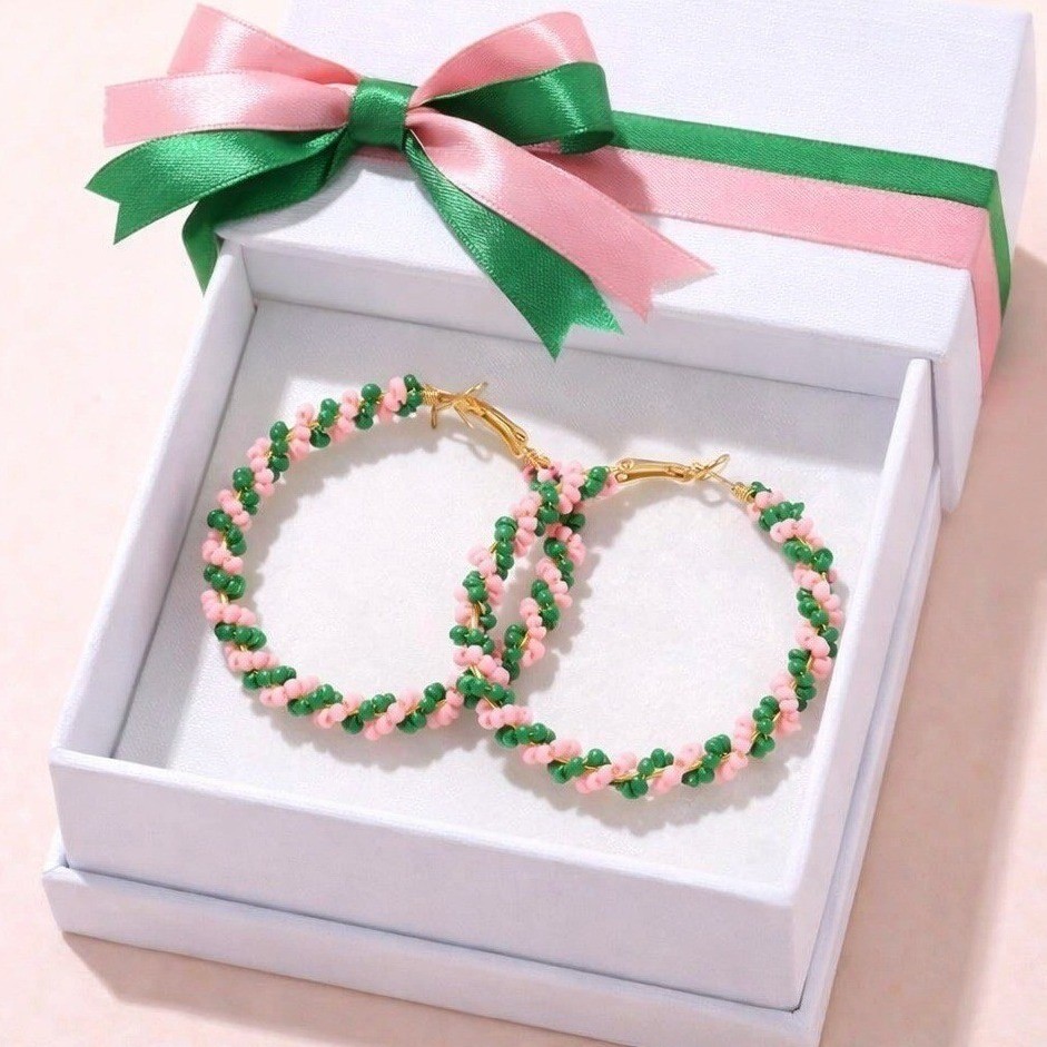 Pink and Green Seed Bead Gold Tone Large Hoop Earrings Boho Latch Back