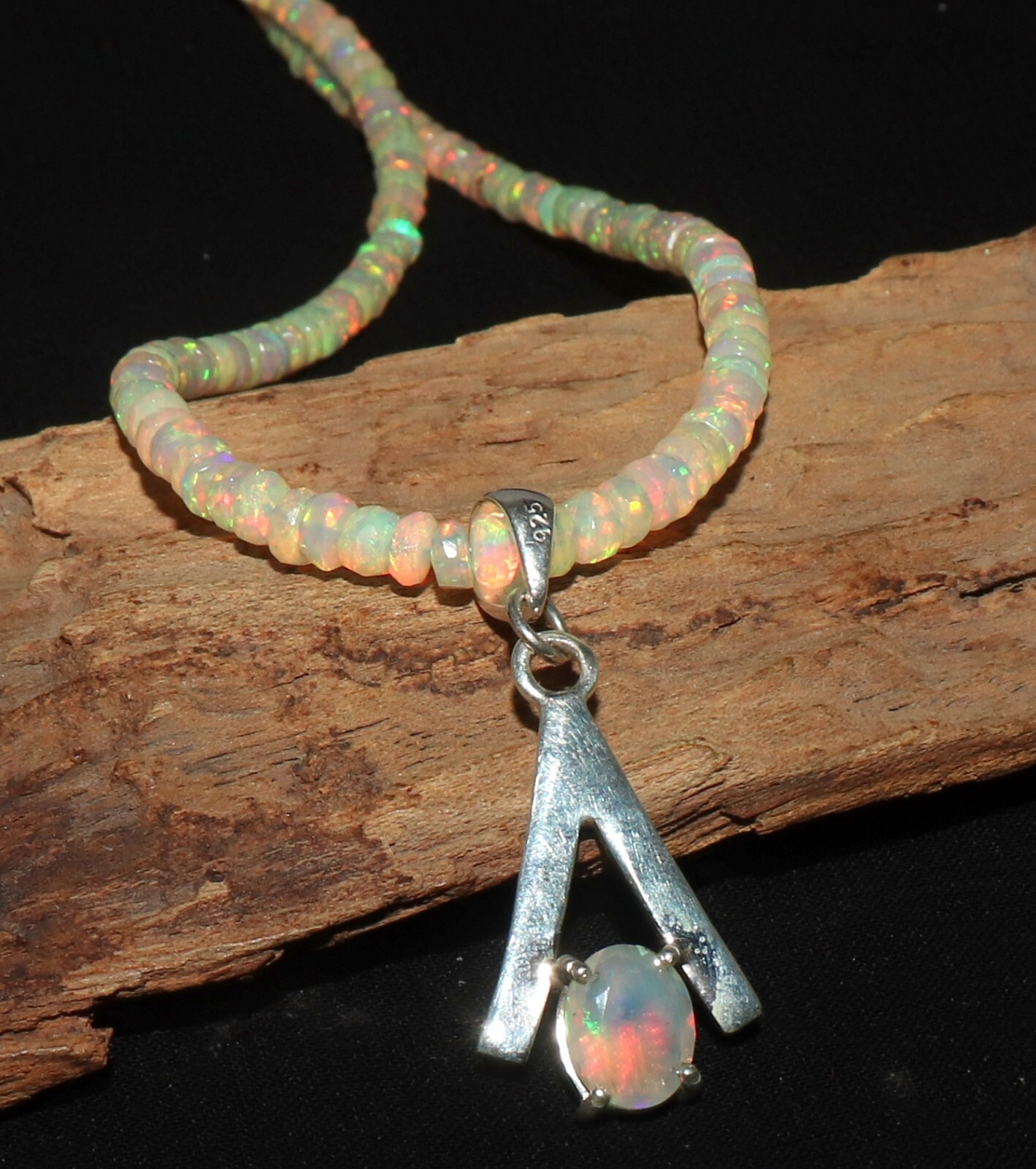 Natural Ethiopian faceted opal pendant with silver white opal necklace 3 to 6 mm