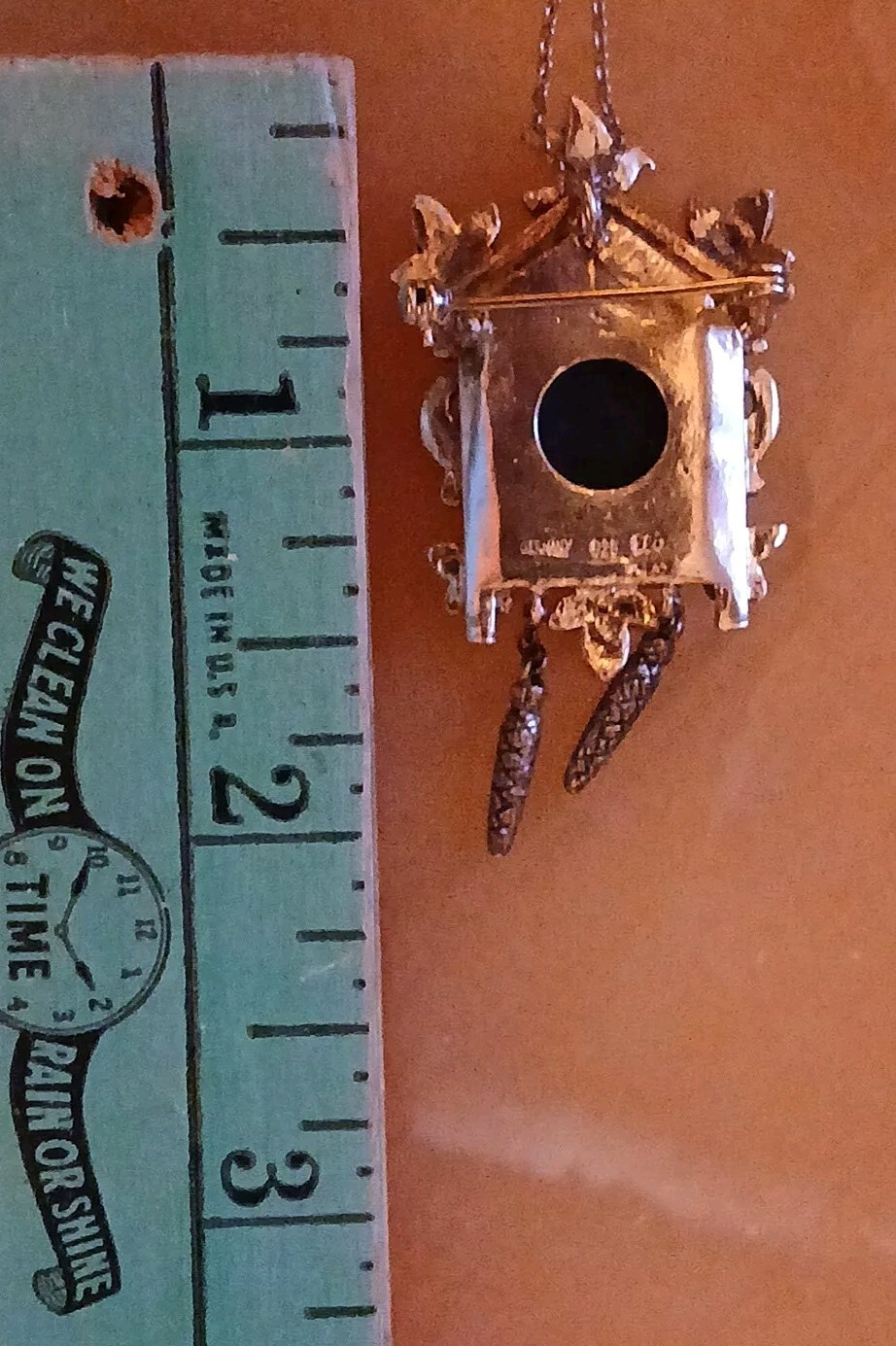 VTG Cuckoo Clock Germany Elo 925 Pendant Blk Onyx & Marcasite. 17″Chain 925Italy