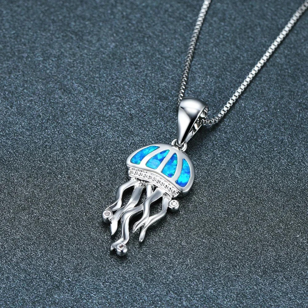 Women’s Fashion Blue Opal Jewelry Silver Jellyfish Pendant Necklace Chain