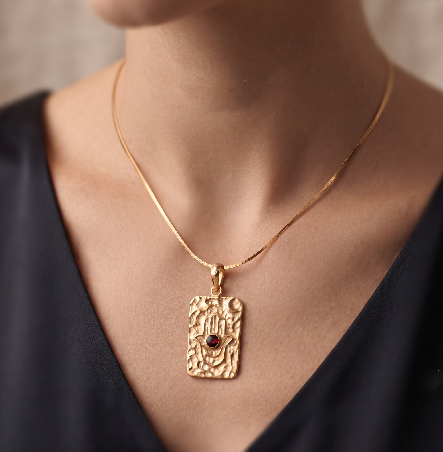 Gold Hamsa Hand Necklace, Sterling Silver Protective Talisman Pendant