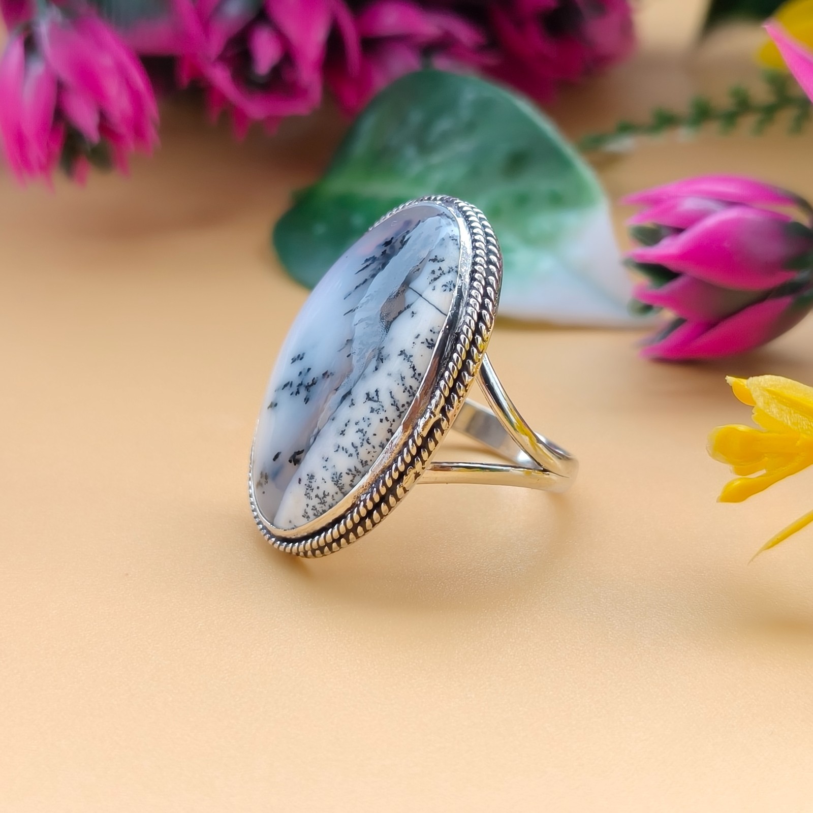 Dendritic agate Gemstone 925 Silver Handmade Statement Ring Jewelry
