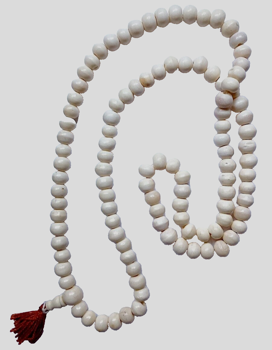 Water Buffalo Bone Beads, Mala or Long Strand, 36″, 108 Beads, White, 8 mm Each