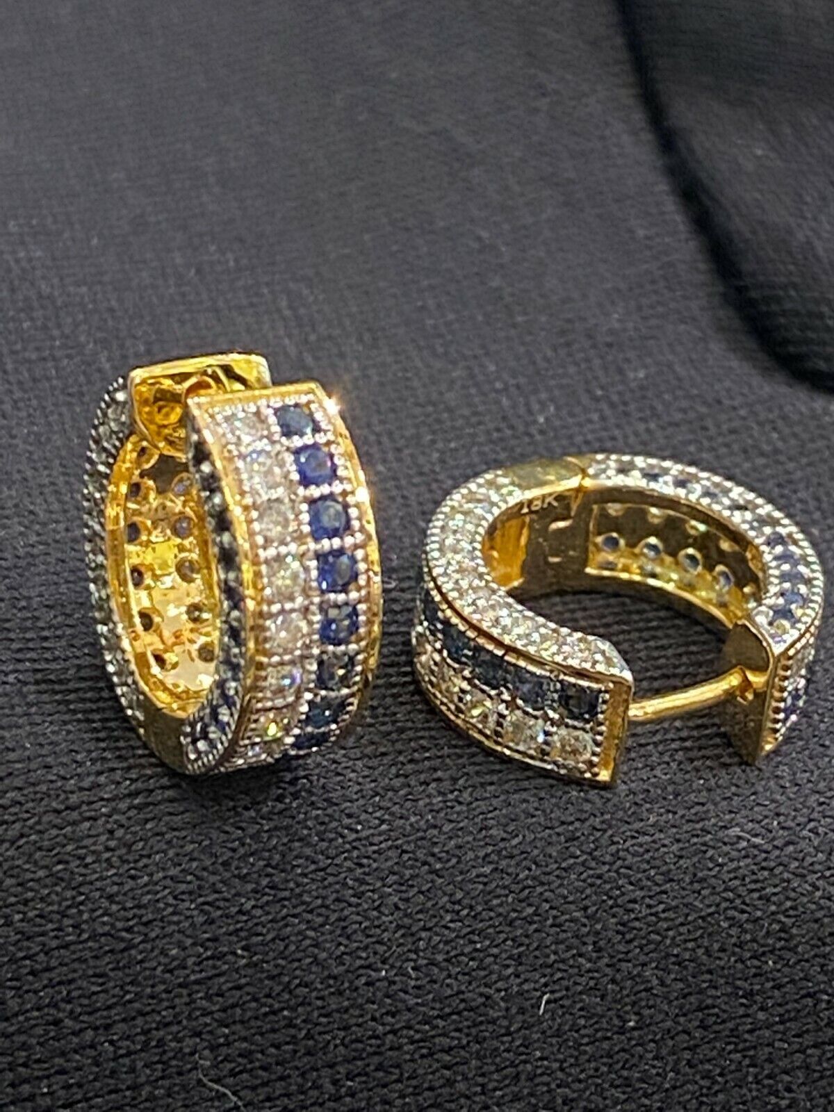 Pave 1.90 Cts Round Brilliant Cut Diamonds Sapphire Hoop Earrings In 18K Gold