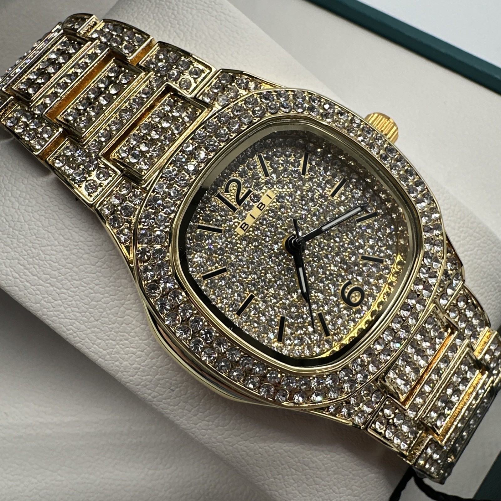 BIBI Men’s Luxury Watch Gold Tone, Iced Out Cushion Fashion Watch, 33mm,B0260