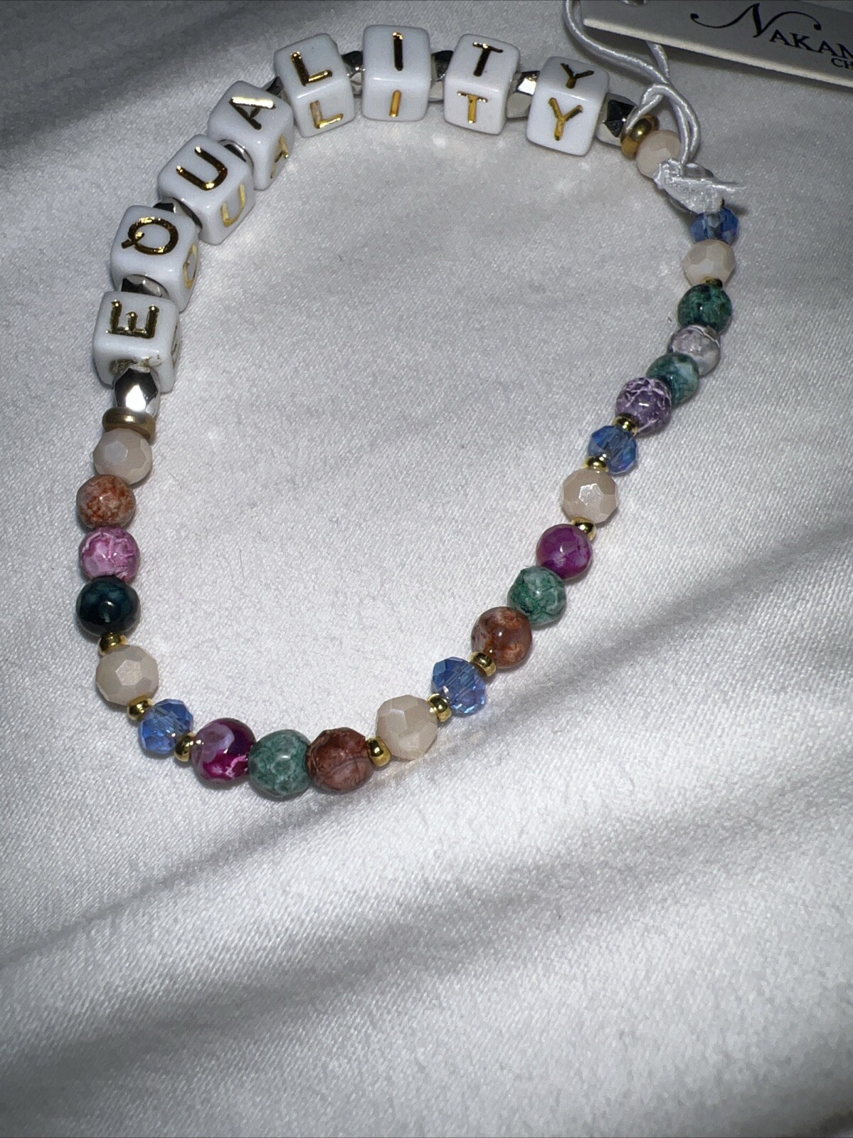 New Nakamol Chicago Handmade Stretchy Bracelet ‘EQUALITY’ in Gold & White