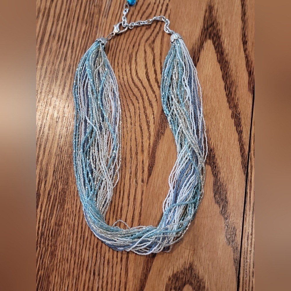 Blue White Silver Multi Strand Seed Bead Necklace with Heart Charm Extender 23″