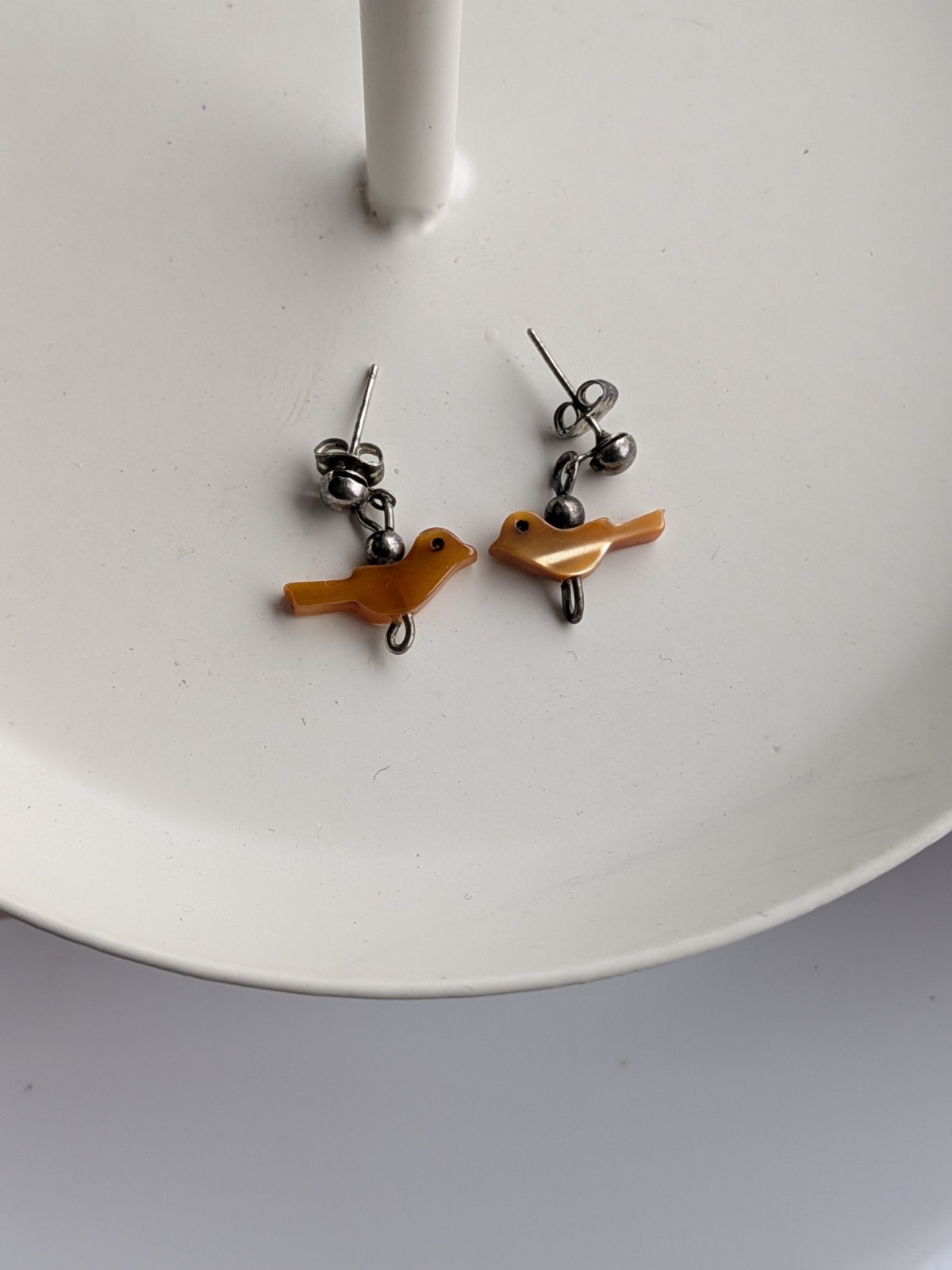 MCM Dainty Fetish Pierced Silver Tone Earrings Carved Orange Brown Shell Birds