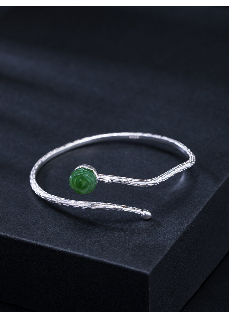 I04 Green Jade Rose Branch Bangle Bracelet 57mm Sterling Silver 925