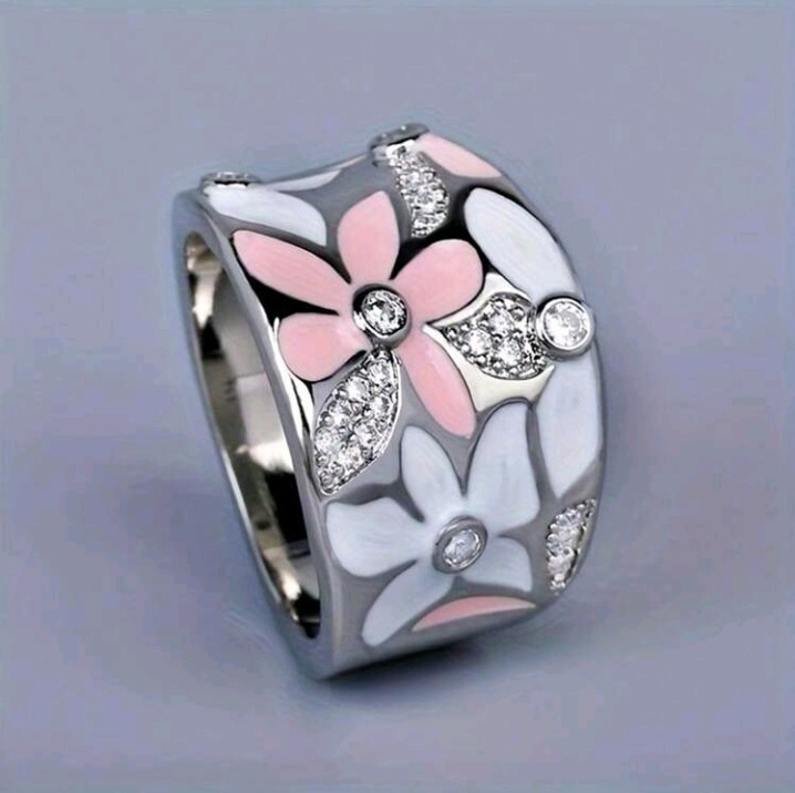 Silver-Plated Zinc Enamel Flower Resin And Micro-Inlaid CZ Ring Size 5