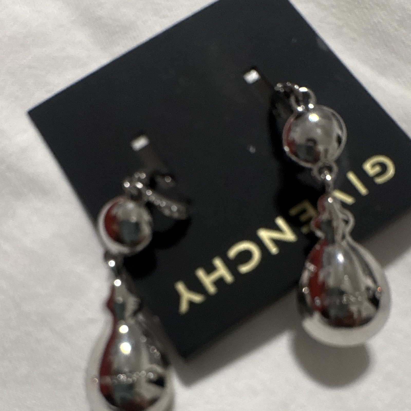 Givenchy Silver Tone Clear Crystal Teardrop Dangle Earrings Leverback Signed