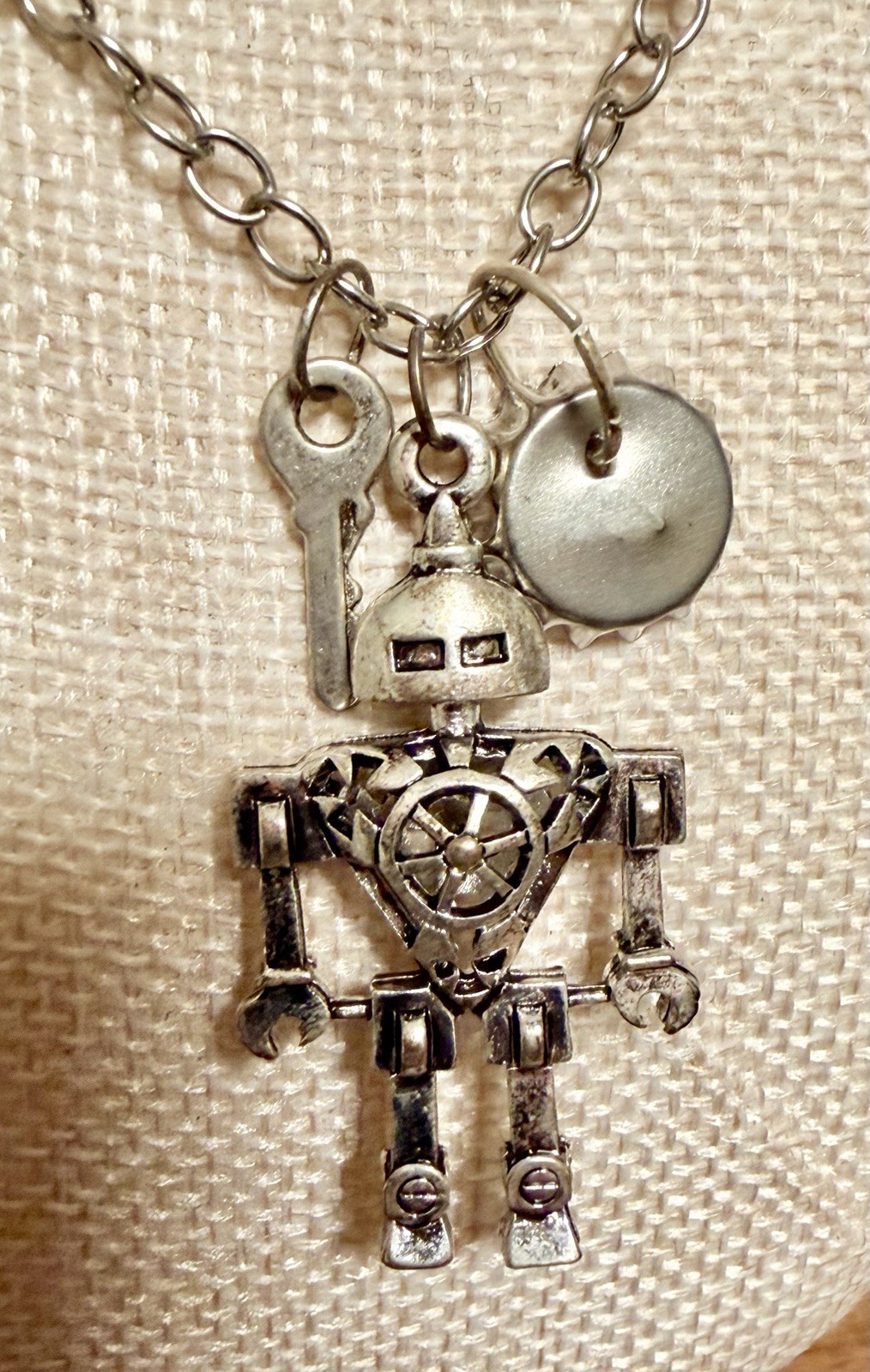 Vintage Articulated Robot Charm Necklace Silvertone Key & Bottle cap