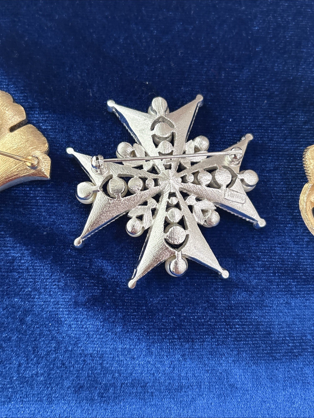 Vintage Crown Trifari Brooch Lot Of 3. All Signed. All Plated. 1 Maltese Cross
