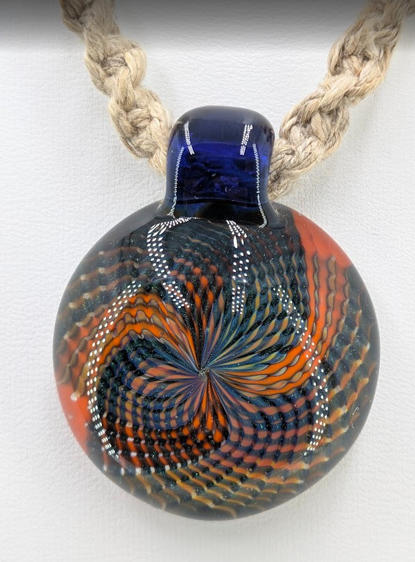 Art Glass Vortex Implosion Pendant Necklace Orange Blue Hemp Cord 21 Inch 34mm