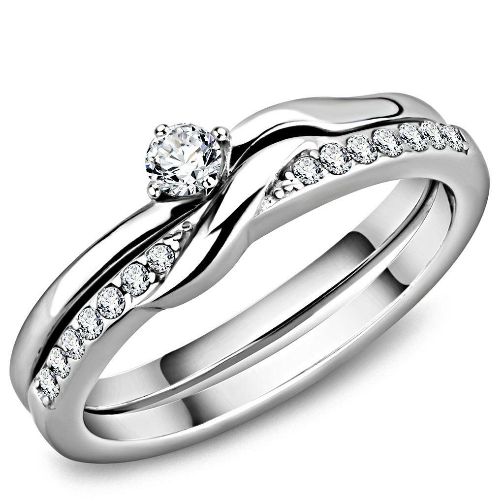 Women’s Round & Accent CZ Stainless Steel Wedding Promise 2PC 2 Ring Band Set