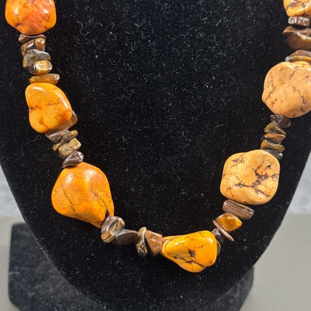 Beaded Necklace Orange Brown Stone Chip Natural Magnetic Clasp Boho Nugget