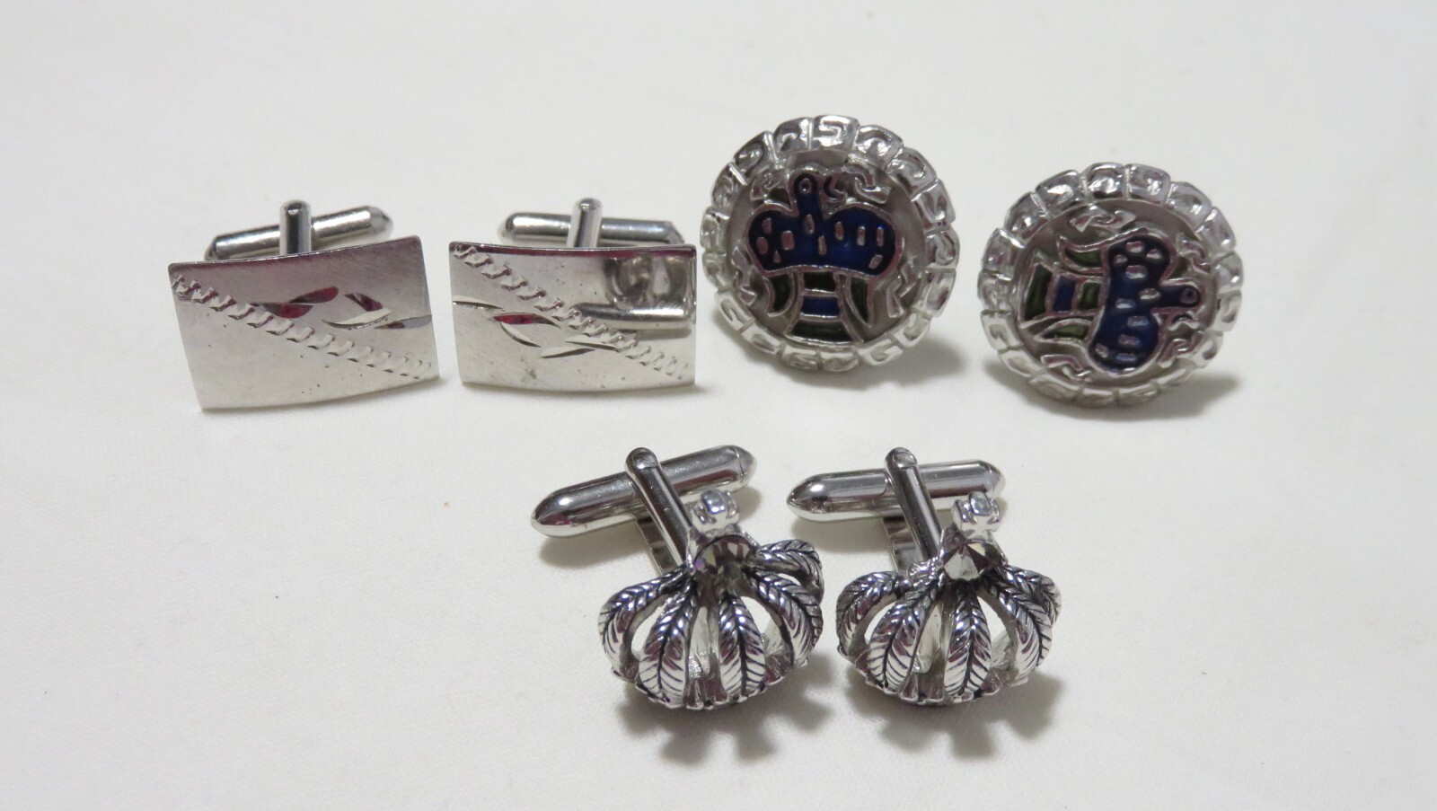 3 PAIRS VINTAGE SILVERTONE METAL CUFFLINKS CROWN EAGLE