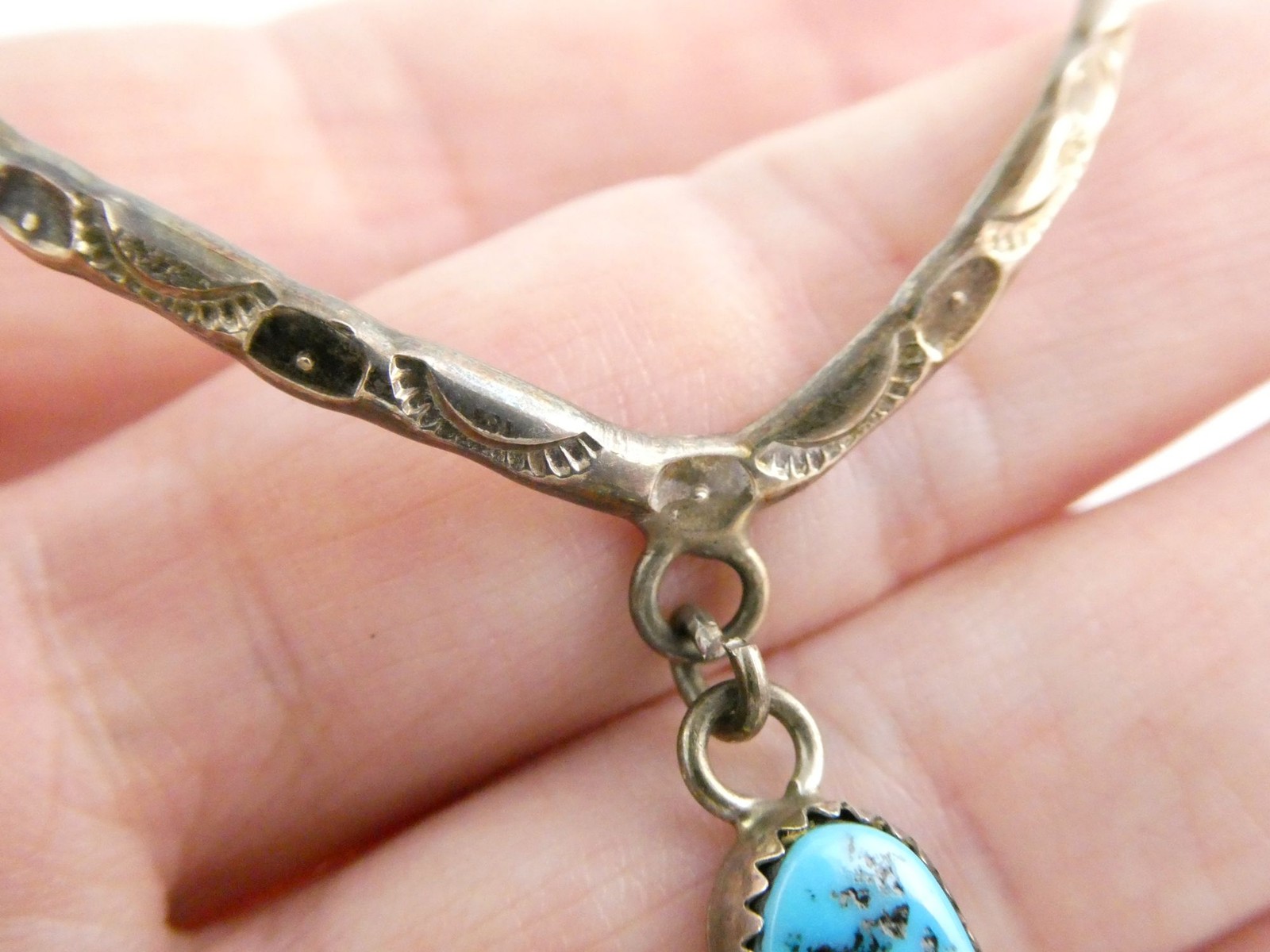 Southwestern Sterling Silver V Shape Turquoise Drop Design Cuff Bracelet 6.25 In