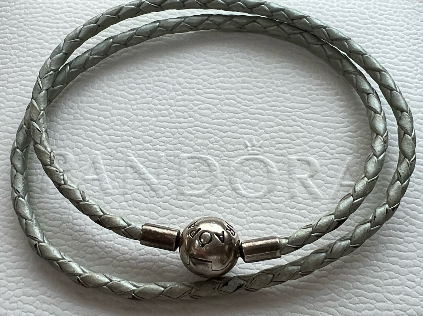 Pandora Green/Grey Leather Bracelet 36CM 925 ALE Crown Above O,