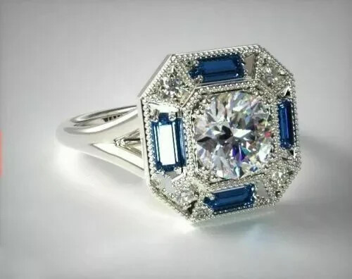 Art Deco Style Lab Created Diamond & Sapphire Wedding 14K White Gold FN Ring