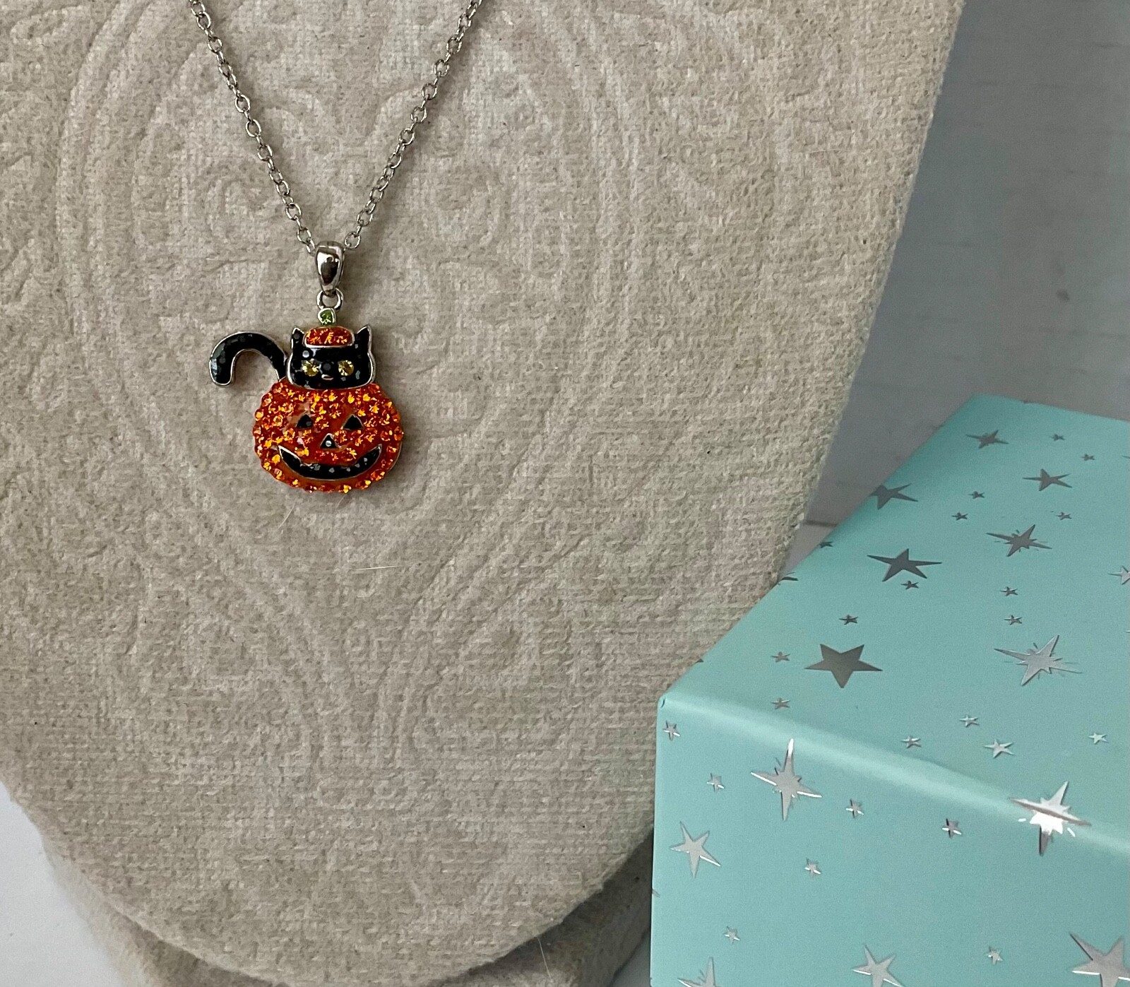 Halloween Black Cat & Pumpkin Necklace Pave Rhinestones Silver Tone 18” Chain