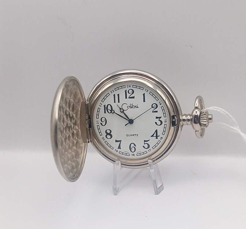47MM, Personalized (SMN) Colibri Quartz Pocket Watch, Silver Tone Hunter Case