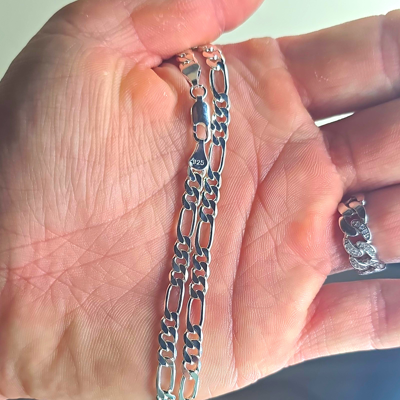 925 Sterling Silver Figaro Anklet/Bracelet Necklace w/ Lobster Clasp Signed