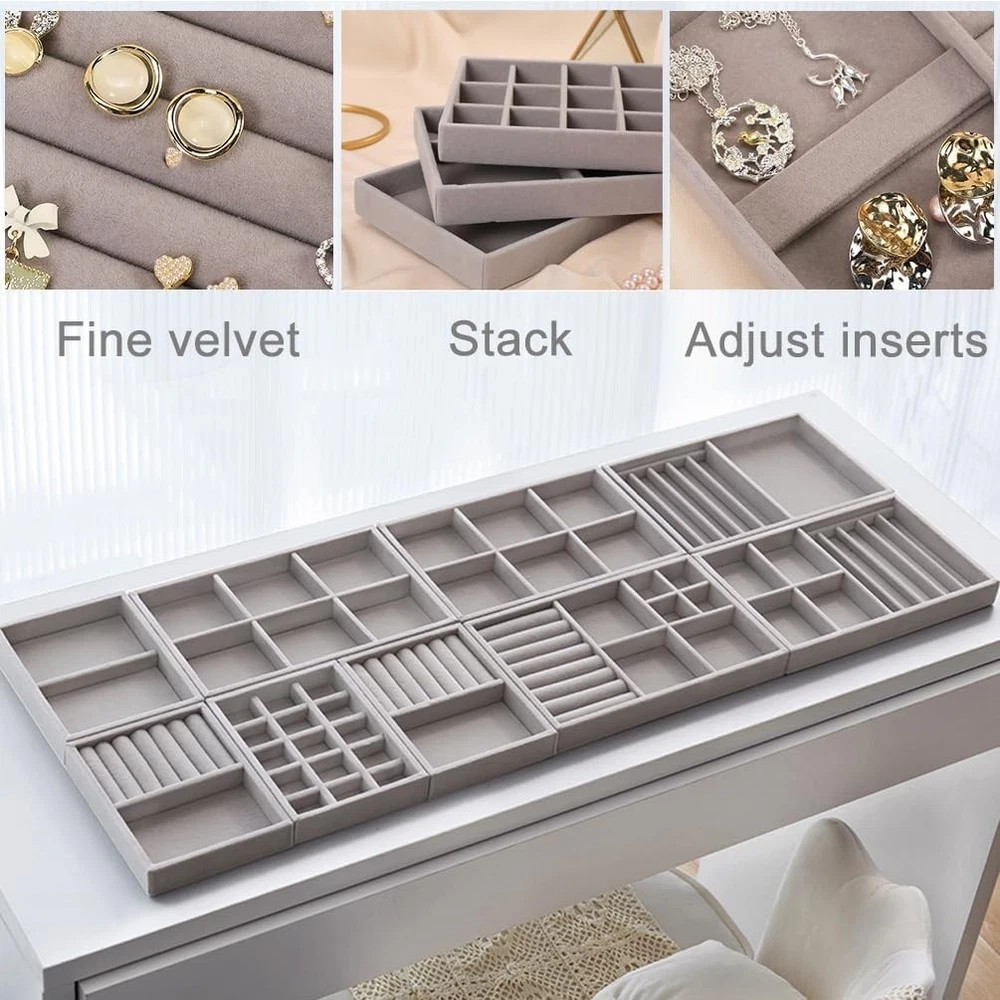 10 Pack Jewelry Organizer Tray Drawer Inserts,Stackable Velvet Liner Dividers..