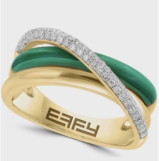 Effy 14K yellow gold diamond & green Malachite crossover ring size 7 NEW
