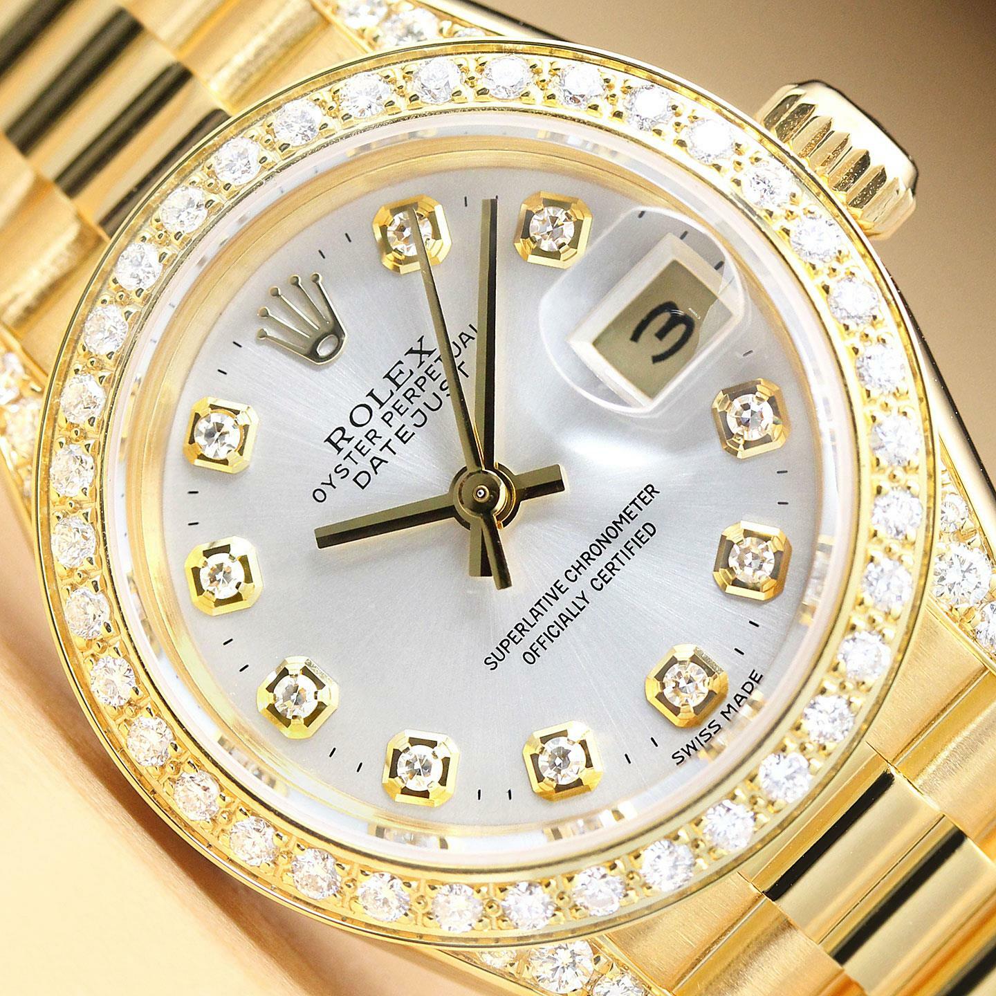 ROLEX LADIES PRESIDENT SILVER DIAMOND DIAL, DIAMOND BEZEL & LUGS 18K GOLD WATCH