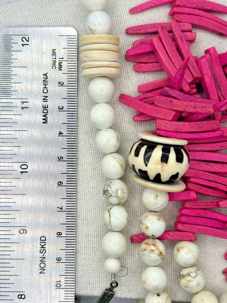 Pink Cocowood Chip Howlite Large Kenya Bone Beaded Horsehair Pendant Necklace