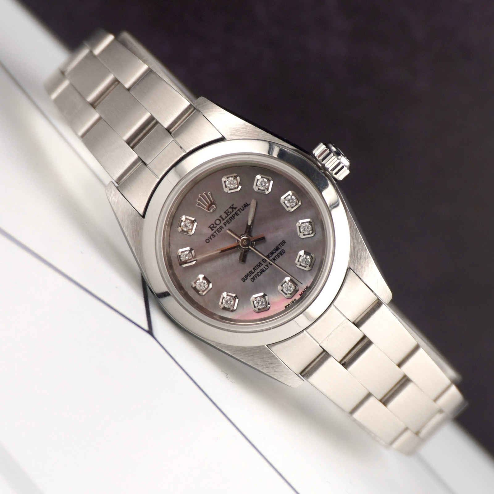 Rolex Oyster Perpetual 25mm Steel Black MOP Diamond Smooth Oyster Watch 67180