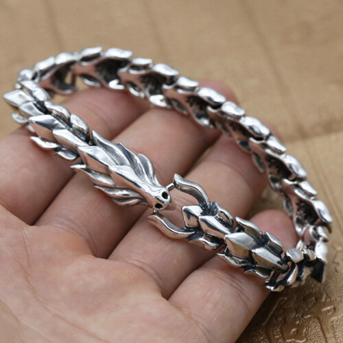 Real Solid 925 Sterling Silver Bracelet Bangle Link Chain Dragon Animal Jewelry