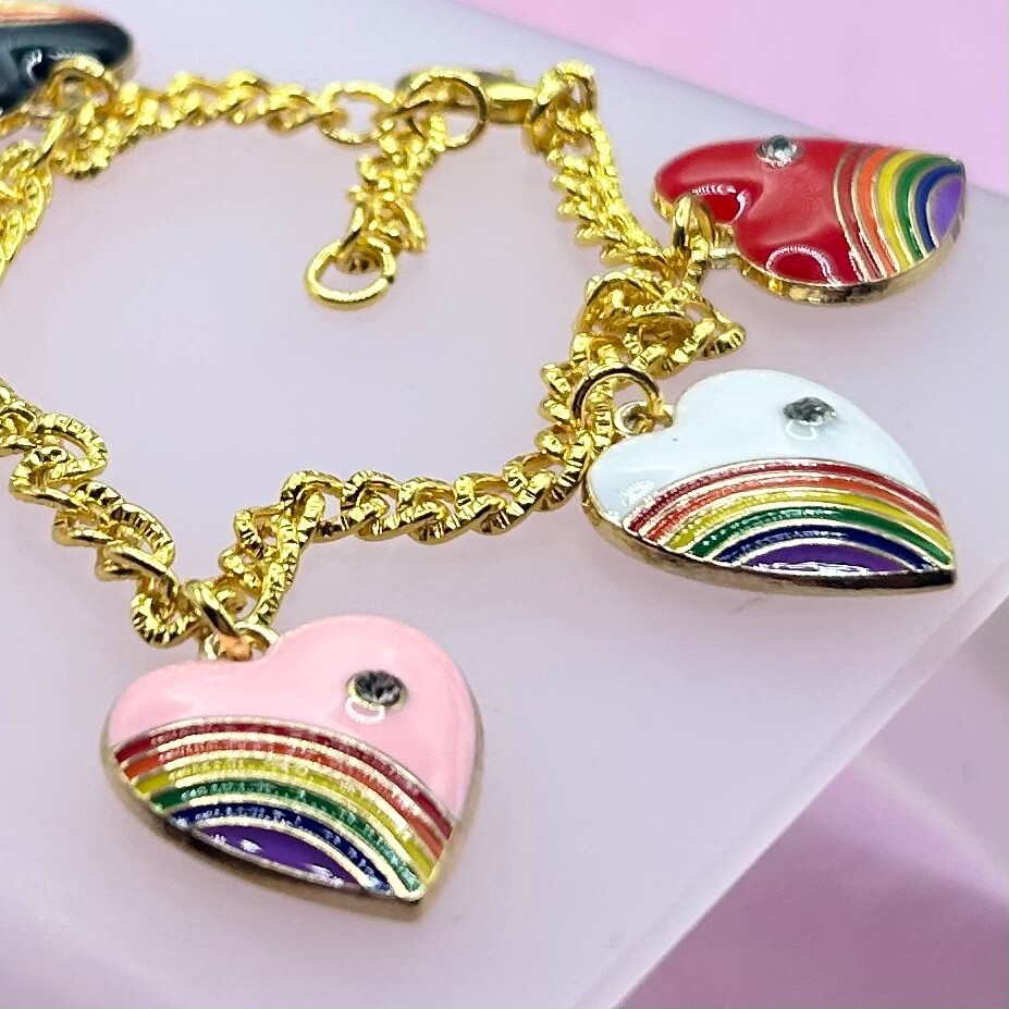 Gold Rainbow & Diamante Heart Pendant Charm Bracelet – New Handmade Unique