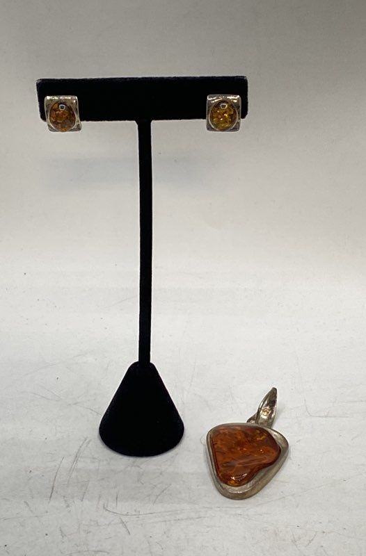 Sterling Silver 925 Cognac Amber Jewelry Set Pendant & Stud Earrings 14.9g