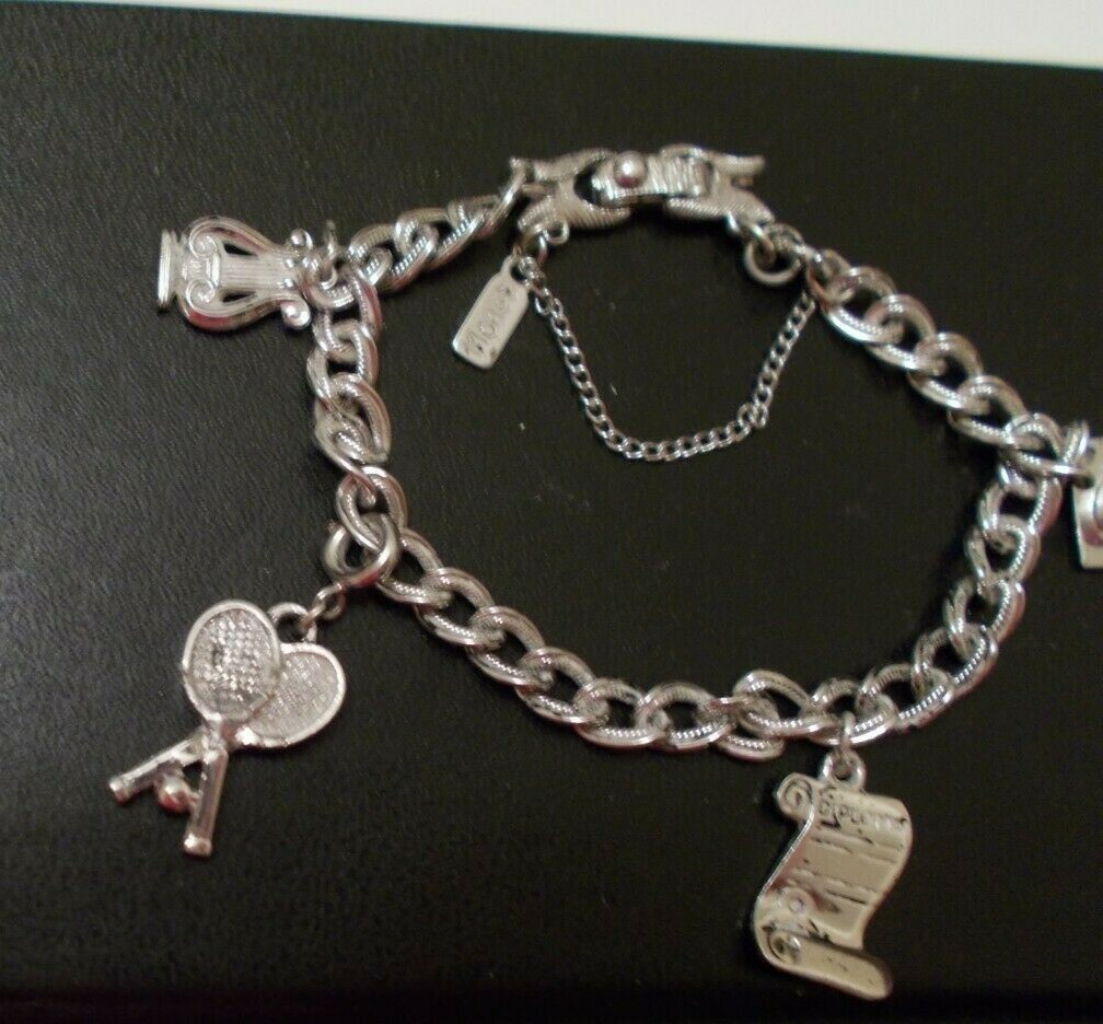 VTG MONET Bracelet with 4 Charms Size 7in Silver Ton Safety Chain 