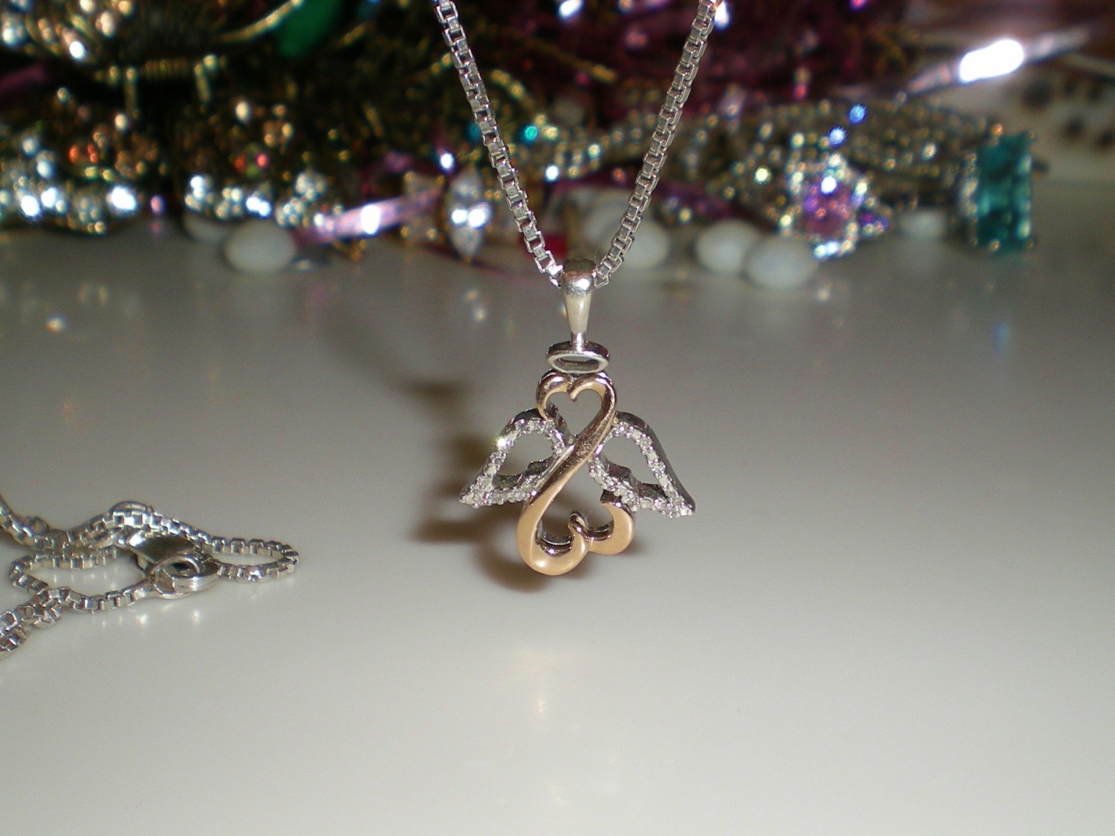 Jane Seymour Open Hearts 1/20ct SS 10K Rose Gold ANGEL Diamond Necklace KAY BOX