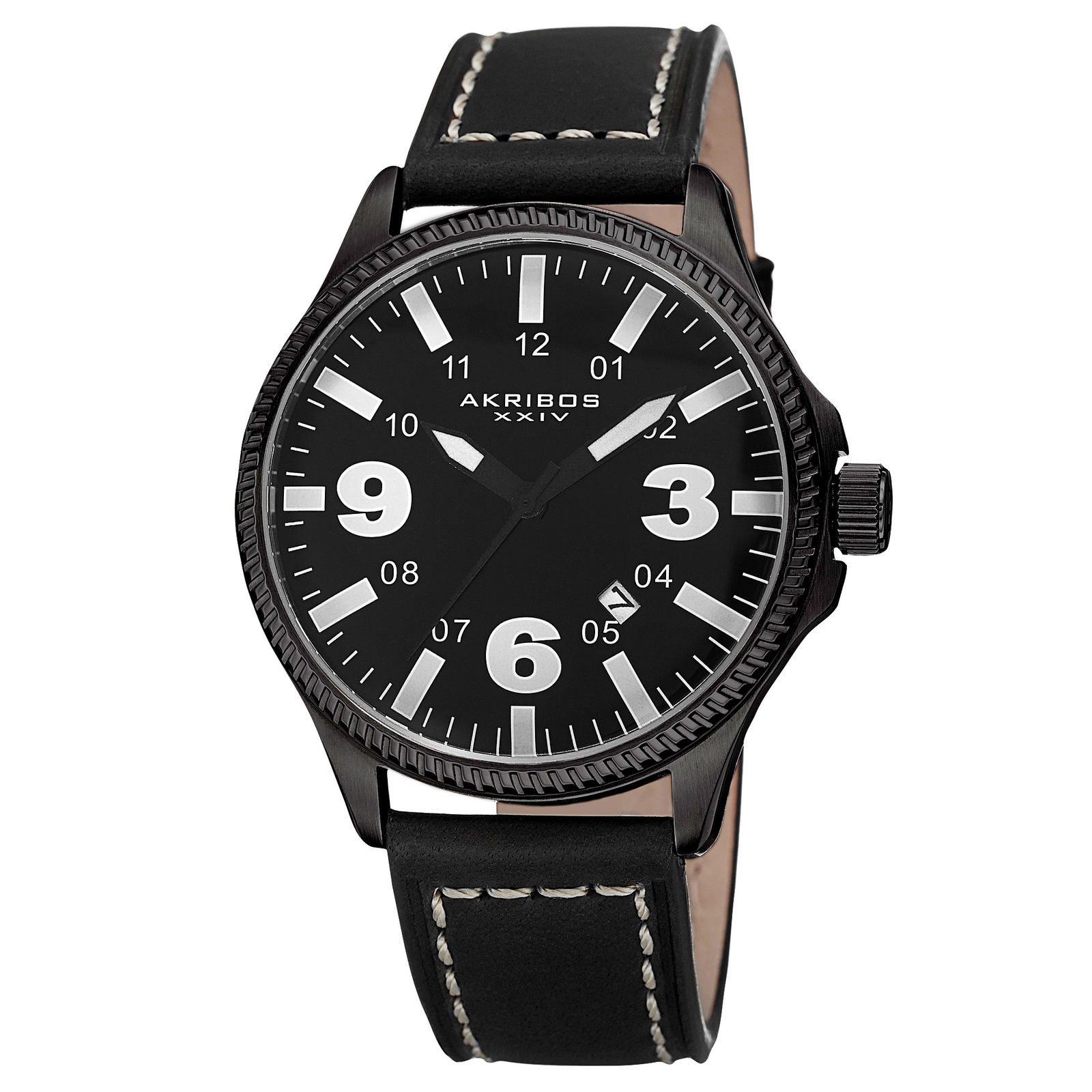 New Men’s Akribos XXIV AK833WT Easy-to-Read Quartz Date Black Leather Watch