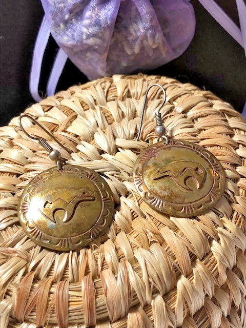Native American dangle earrings with bear motif with Maker’s Mark ER