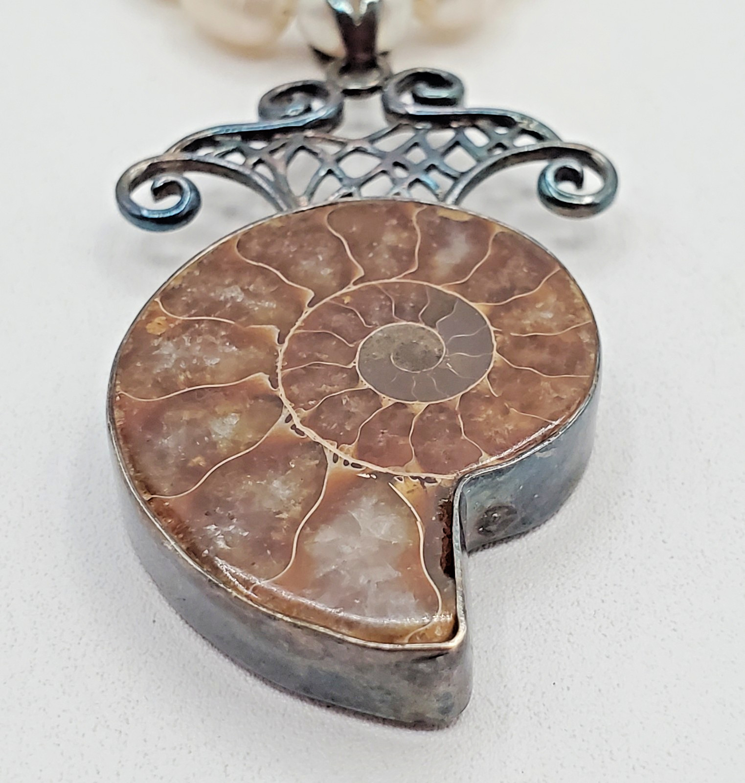 VTG 925 Ammonite Fossil Pendant Pearl Glass 16in Necklace Sterling Silver 40gtw